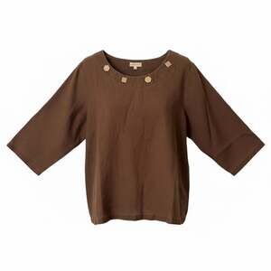 Choices Woman Brown Linen Blouse with Geometric Neckline Detail 1X